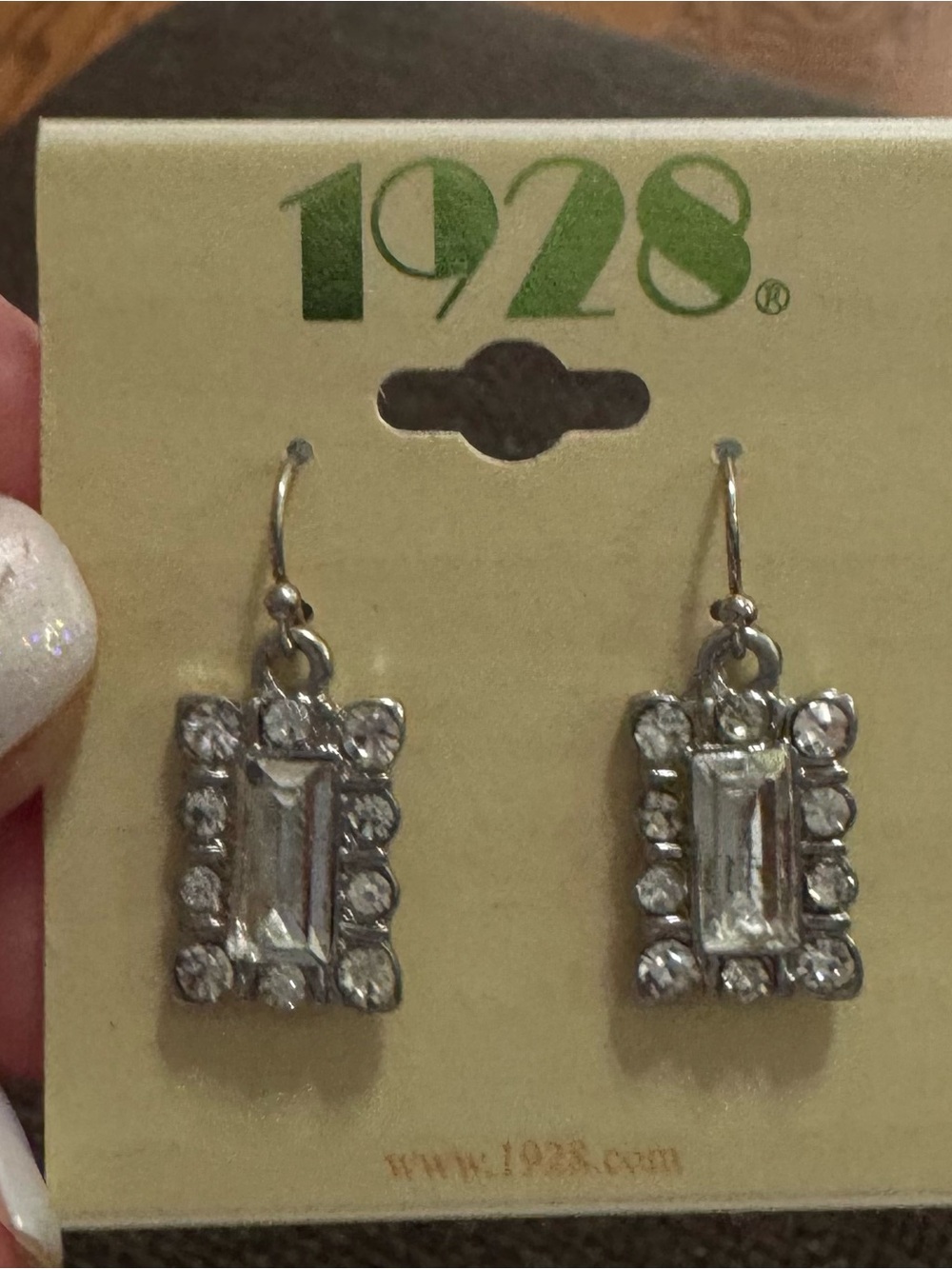 1928 Silver-Tone Clear Crystal Rectangle Drop Earrings